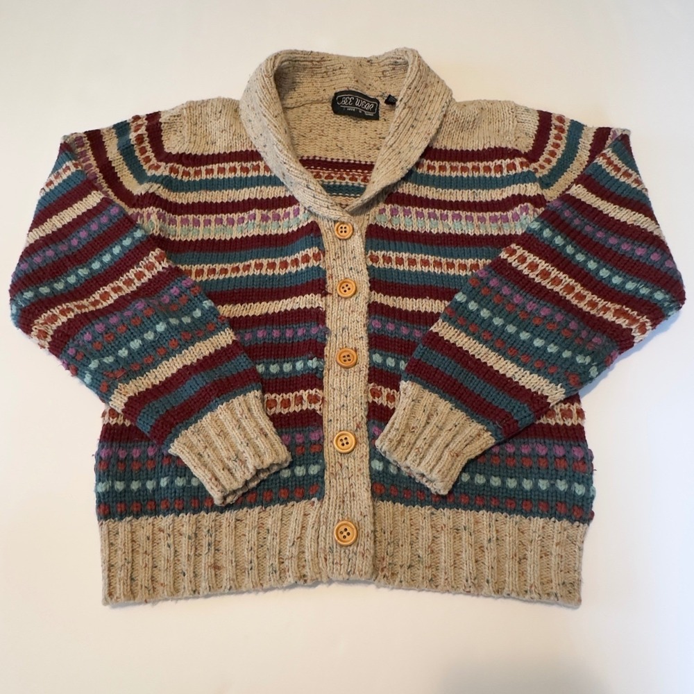 Vintage Bee Wear Shawl Collar Cardigan Sweater Multi Color Fair Isle Small READ